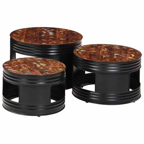 Бар маси с форма на барабан 3 бр масивна регенерирана дървесина