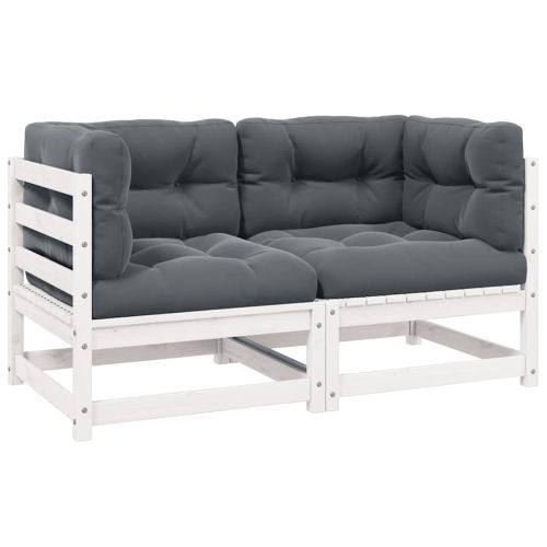 Градински 2-местен диван с възглавници, бял, борово дърво масив