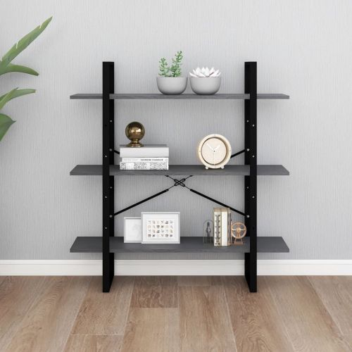 3-етажна библиотека, сива, 100x30x105 см, борово дърво масив