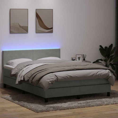 Боксспринг легло с матрак и LED, светлосиво, 160x220 см, кадифе