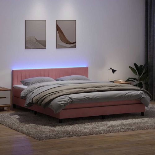Боксспринг легло с матрак и LED, розово, 180x210 cm, кадифе