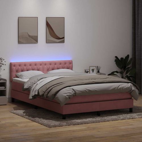 Боксспринг легло с матрак и LED, розово, 140x220 см, кадифе