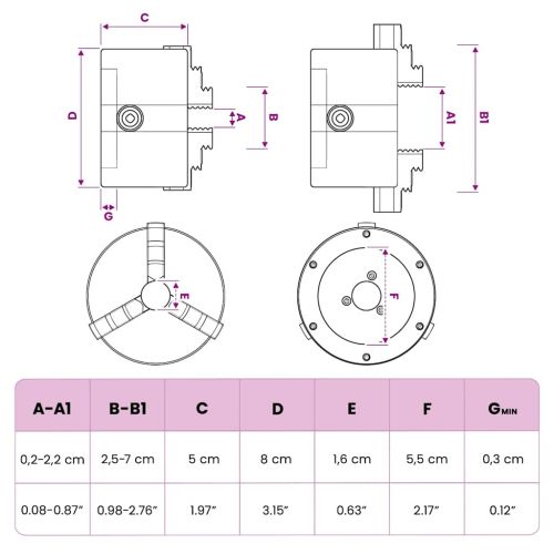 3-челюстен самоцентриращ патронник, 80 мм, стомана