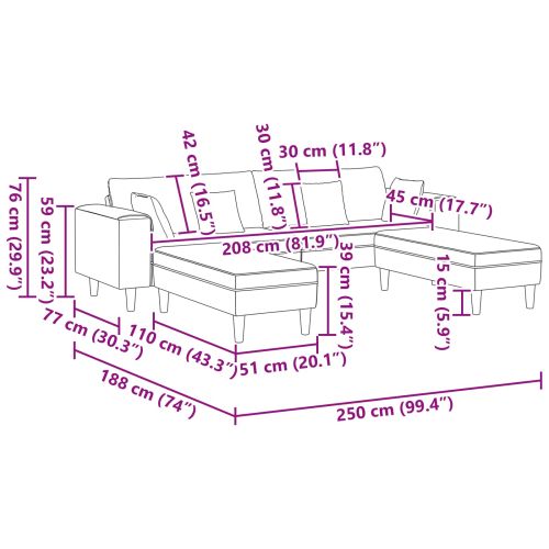 Диван 3 pcs Черно 250 x 188 x 76 см Кадифе