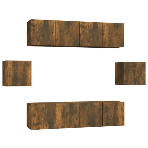 Комплект ТВ шкафове от 6 части, опушен дъб, инженерно дърво