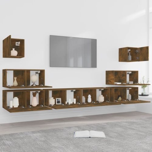 Комплект ТВ шкафове от 8 части, опушен дъб, инженерно дърво