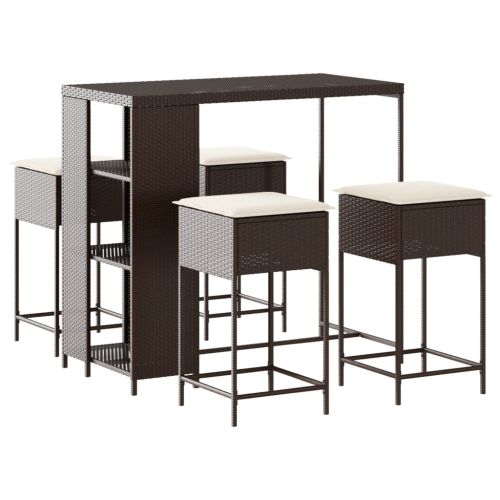 Градински бар комплект с възглавници 5 части кафяв полиратан