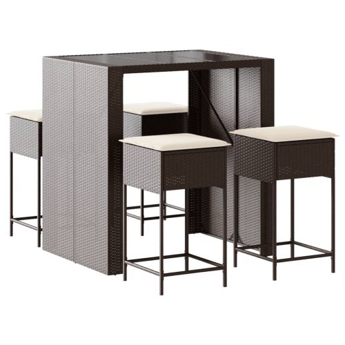 Градински бар комплект с възглавници 5 части кафяв полиратан