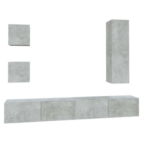 Комплект ТВ шкафове от 5 части, бетонно сив, инженерно дърво