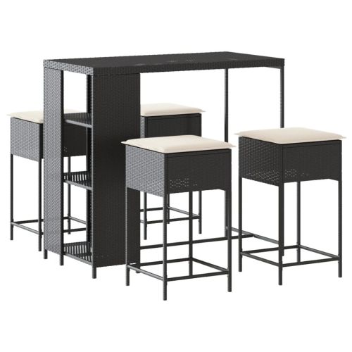 Градински бар комплект с възглавници 5 части черен полиратан