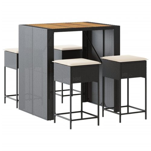 Градински бар комплект с възглавници 5 части черен полиратан