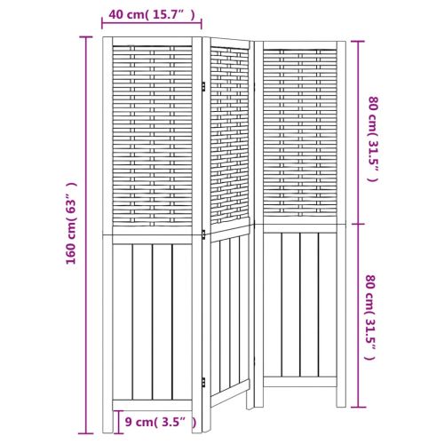 Разделител за стая, 3 панела, бял, дърво пауловния масив