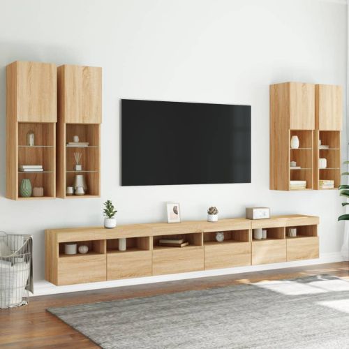 Комплект ТВ стенни шкафове, 7 части, с LED светлини, сонома дъб