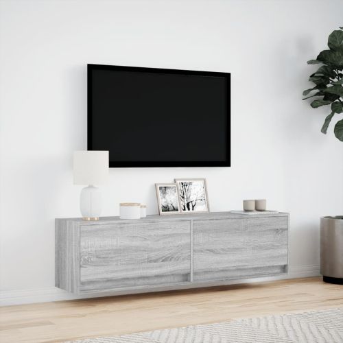 Стенен ТВ шкаф с LED осветление, сив сонома, 140x31x38 см