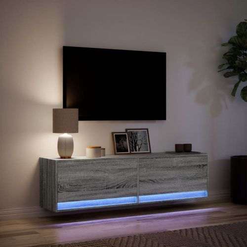 Стенен ТВ шкаф с LED осветление, сив сонома, 140x31x38 см