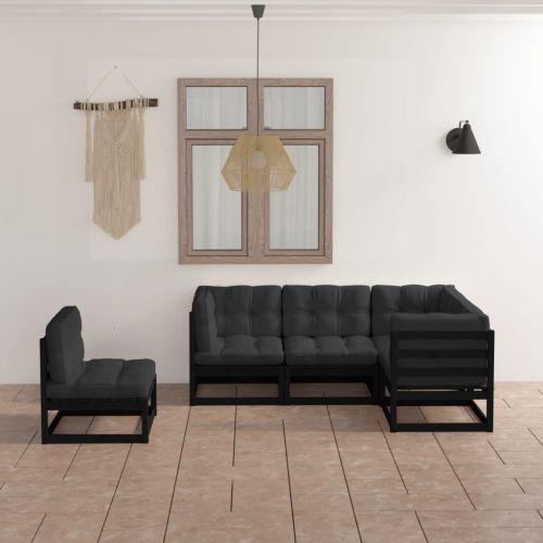 Градински лаундж комплект, 5 части, с възглавници, бор масив