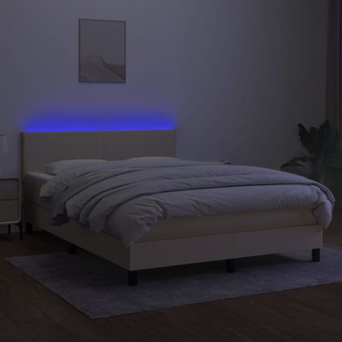 Боксспринг легло с матрак и LED, кремаво, 140x200 см, плат