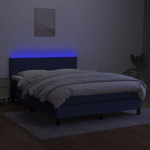 Боксспринг легло с матрак и LED, синьо, 140x200 см, плат