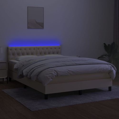 Боксспринг легло с матрак и LED, кремаво, 140x200 см, плат