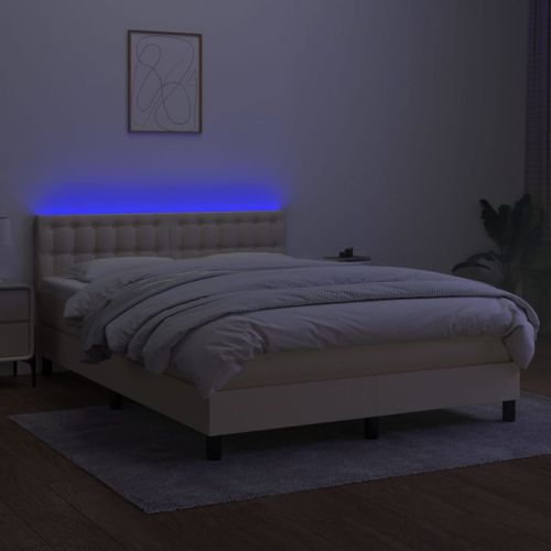 Боксспринг легло с матрак и LED, кремаво, 140x200 см, плат