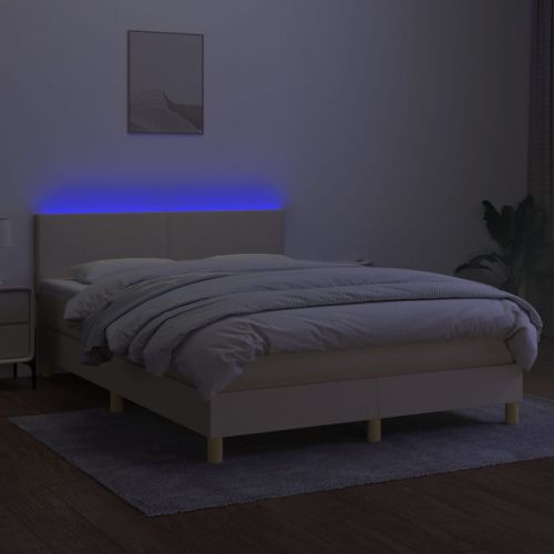 Боксспринг легло с матрак и LED, кремаво, 140x200 см, плат