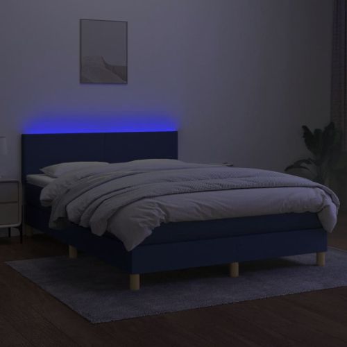 Боксспринг легло с матрак и LED, синьо, 140x200 см, плат