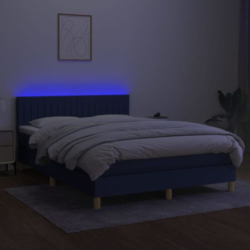 Боксспринг легло с матрак и LED, синьо, 140x200 см, плат