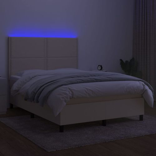 Боксспринг легло с матрак и LED, кремаво, 140x200 см, плат