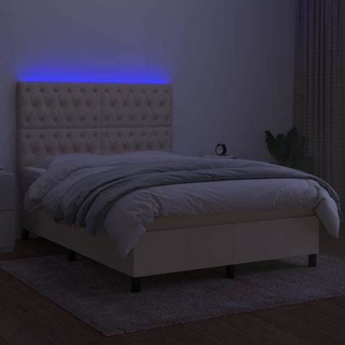 Боксспринг легло с матрак и LED, кремаво, 140x200 см, плат