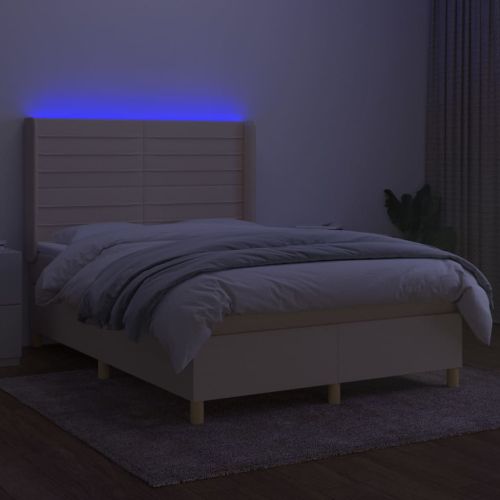 Боксспринг легло с матрак и LED, кремаво, 140x200 см, плат