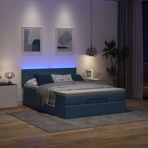 Османска легло с матрак и LED, синьо, 140x200 см, плат