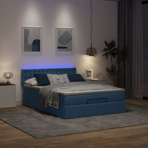 Османска легло с матрак и LED, синьо, 140x200 см, плат