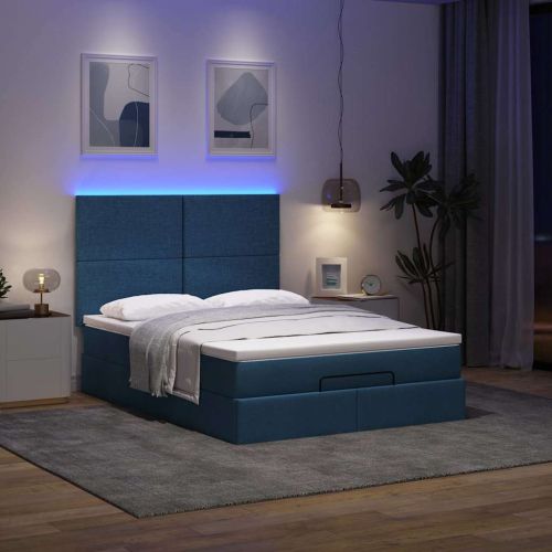 Османска легло с матрак и LED, синьо, 140x200 см, плат