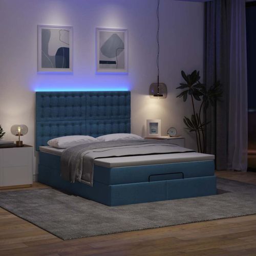Османска легло с матрак и LED, синьо, 140x200 см, плат