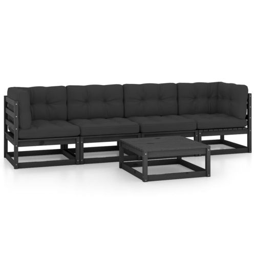 Градински лаундж комплект, 5 части, с възглавници, бор масив