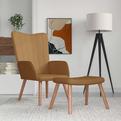 Релакс стол с табуретка, кафяв, кадифе