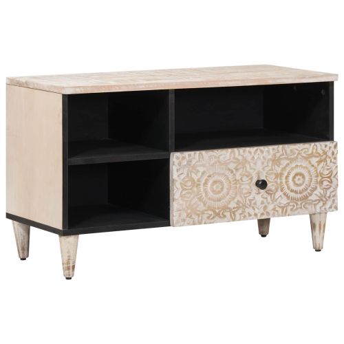 ТВ шкаф с чекмедже Бяло 80 x 33,5 x 46 см Солидно мангово дърво
