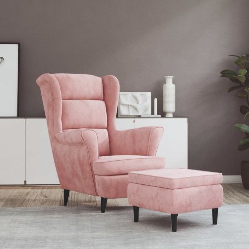 Фотьойл Wingback с табуретка, розова, кадифе
