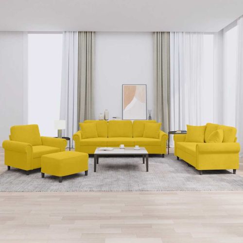 Комплект дивани от 4 части с възглавници, жълт, кадифе