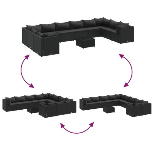 Градински комплект диван с възглавници 11 части черен полиратан