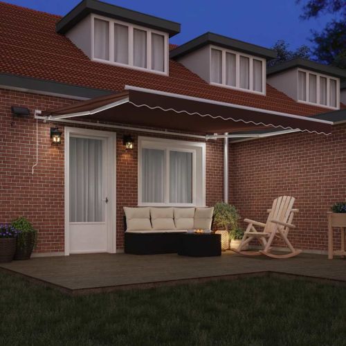 Ръчно прибираща се тента с LED, кафяв, 400x300 см