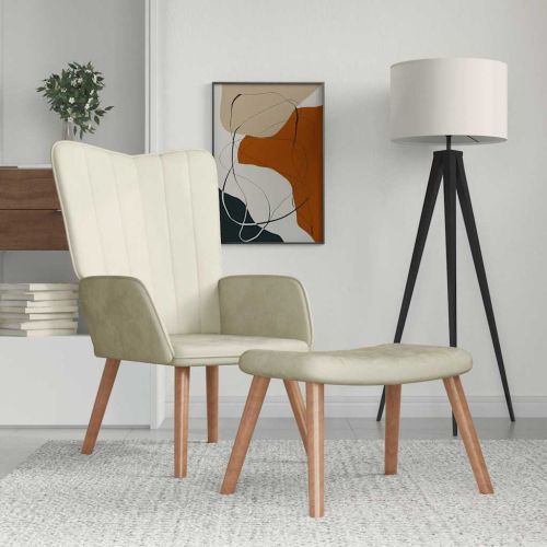 Релакс стол с табуретка, кремавобял, кадифе