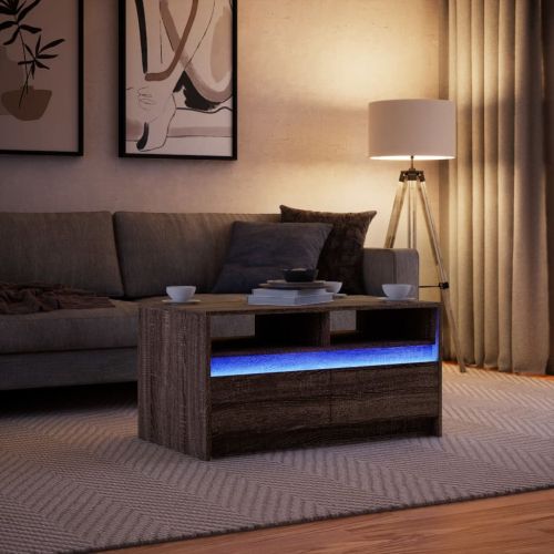 Маса за кафе с LED осветление, кафяв дъб, инженерно дърво