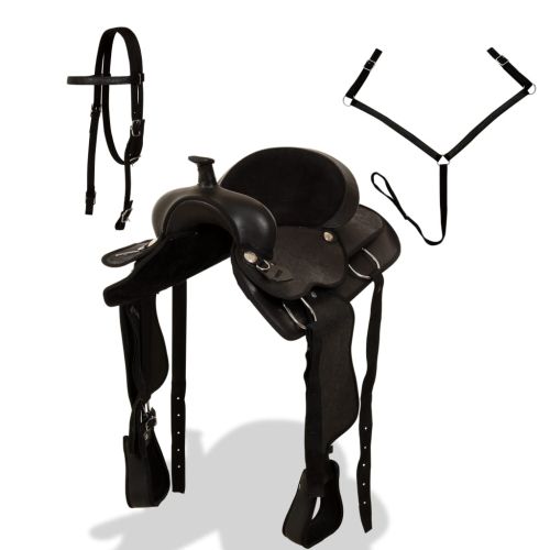 Уестърн седло, оглавник и опас, естествена кожа, 16", черно