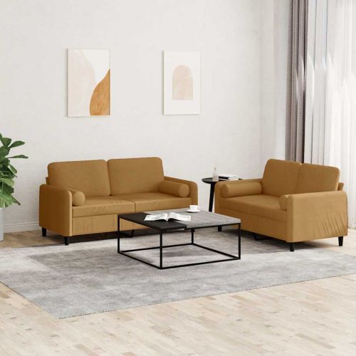 Комплект дивани 2 части с възглавници, кафяв, кадифе