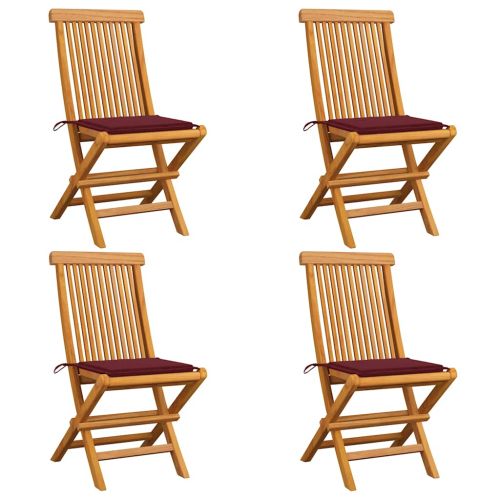 Градински столове с виненочервени възглавници 4 бр тик масив
