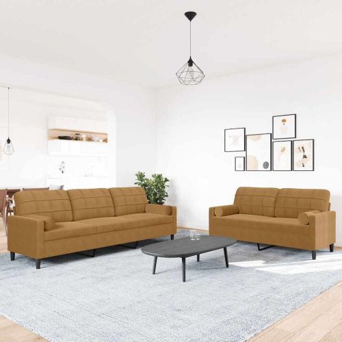 Мека мебел от 2 части с възглавници и болстери кафяв кадифе