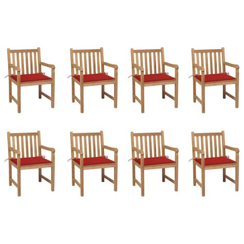 Градински столове, 8 бр, с червени възглавници, тик масив