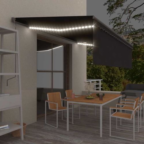 Ръчно прибиращ се сенник с щори и LED, 5x3 м, антрацит