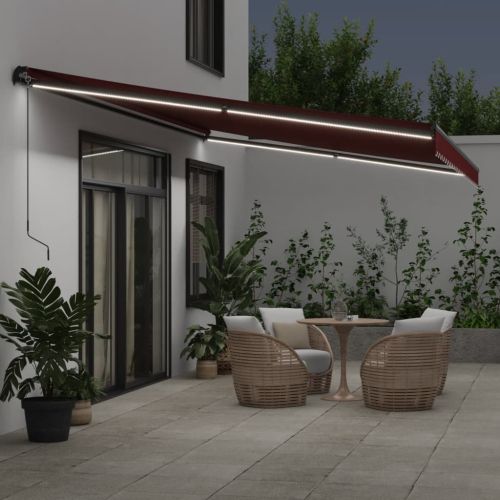 Ръчно прибираща се тента с LED, бордо, 500x350 см